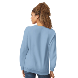 Back view of a woman wearing a light blue Cute Positive Vibes Sweatshirt, Cozy Slogan Top for Women.