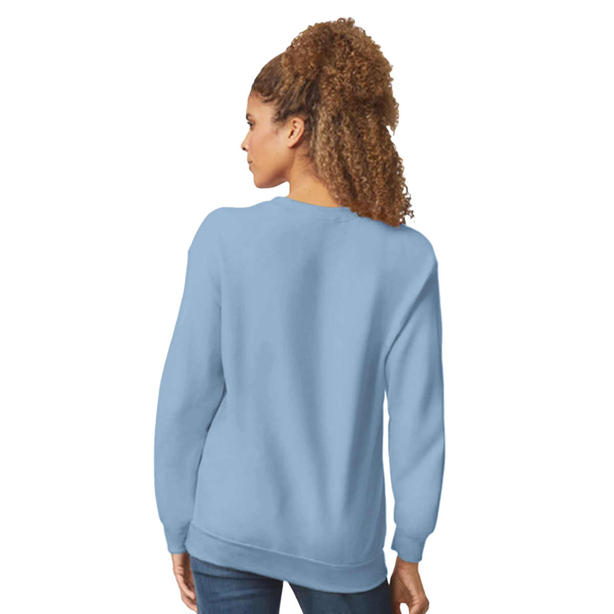 Back view of a woman wearing a light blue Cute Positive Vibes Sweatshirt, Cozy Slogan Top for Women.
