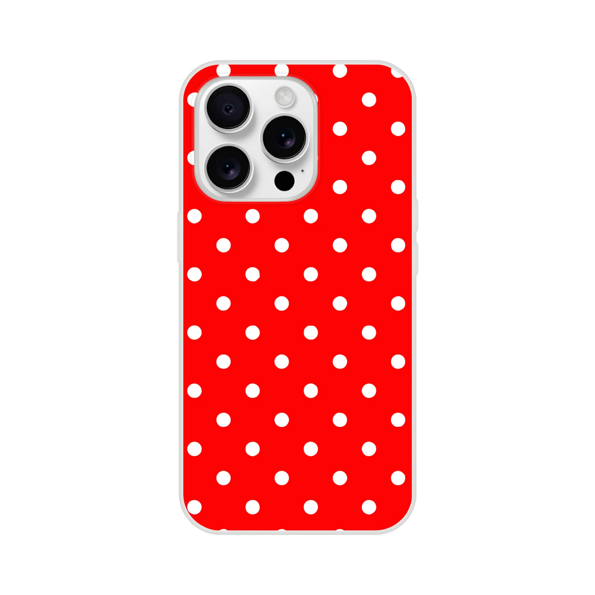 Red and white polka dot iPhone case with retro styling and slim protective TPU shell for models 13 through 16.
