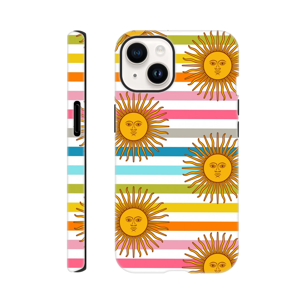 Retro celestial iPhone case featuring golden sun faces with multi-colored horizontal stripes for durable daily protection.