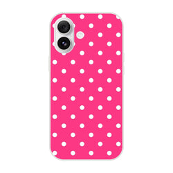 Retro hot pink iPhone case with white polka dots. Lightweight TPU phone cover with matte finish for iPhone 13-16.
