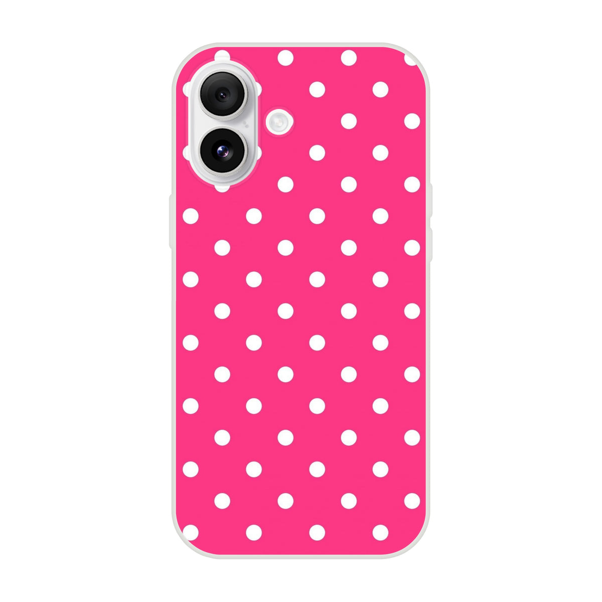 Retro hot pink iPhone case with white polka dots. Lightweight TPU phone cover with matte finish for iPhone 13-16.