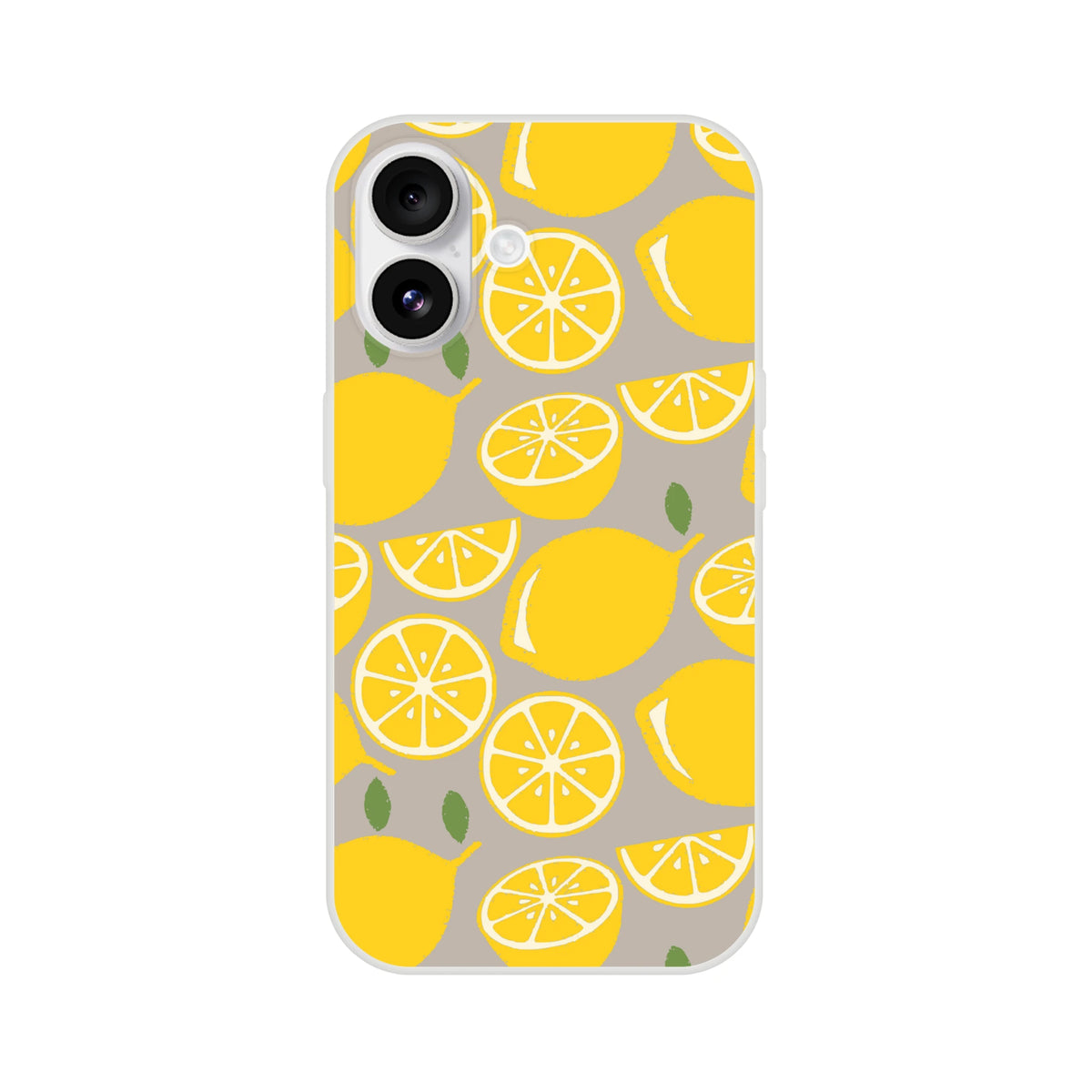 Cute lemon print iPhone case for 13-16 with bright yellow citrus slices on beige background.