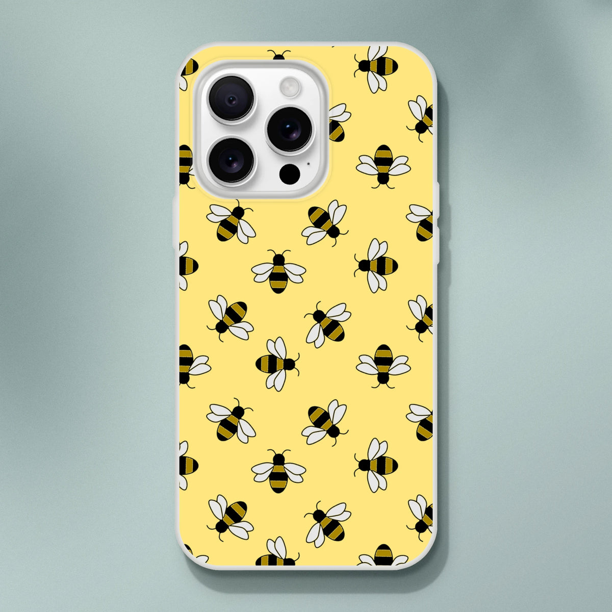 Yellow bee-pattern iPhone case for 13–16 with a playful honey bee motif for everyday streetwear.