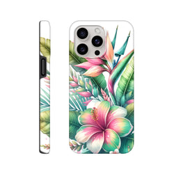 Tropical hibiscus and palm leaf floral iPhone case with tough impact-resistant protection for effortless street styling.