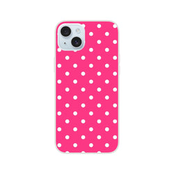 Hot pink and white polka dot retro iPhone case with matte finish and shock-absorbing TPU protection for models 13-16.