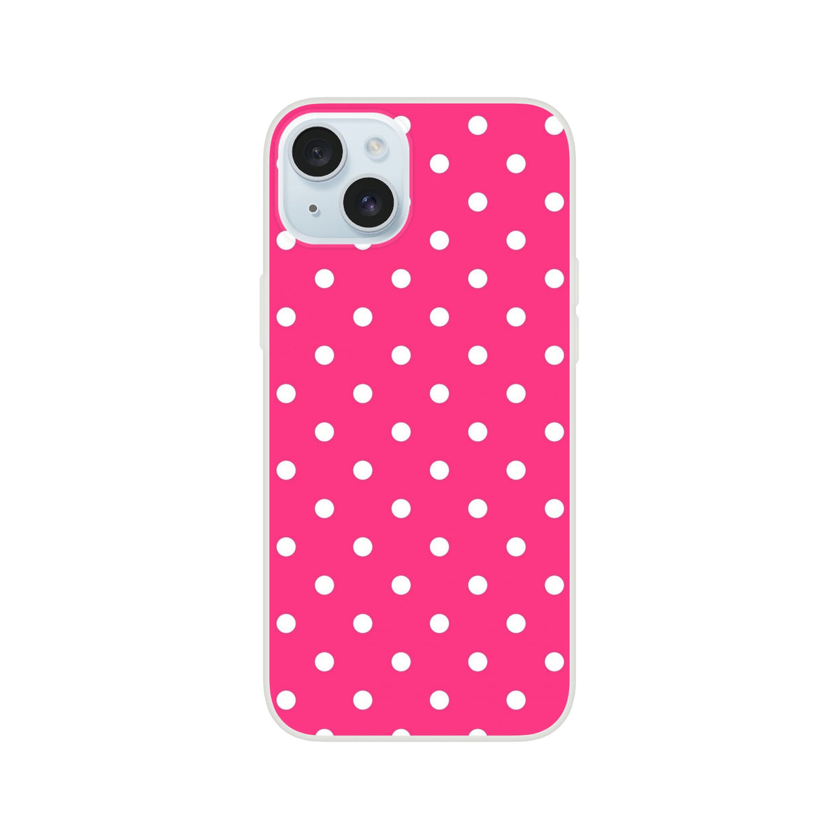 Hot pink and white polka dot retro iPhone case with matte finish and shock-absorbing TPU protection for models 13-16.