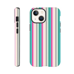 Retro pink and aqua vertical stripe tough iPhone case offering durable protection and a vintage city aesthetic.