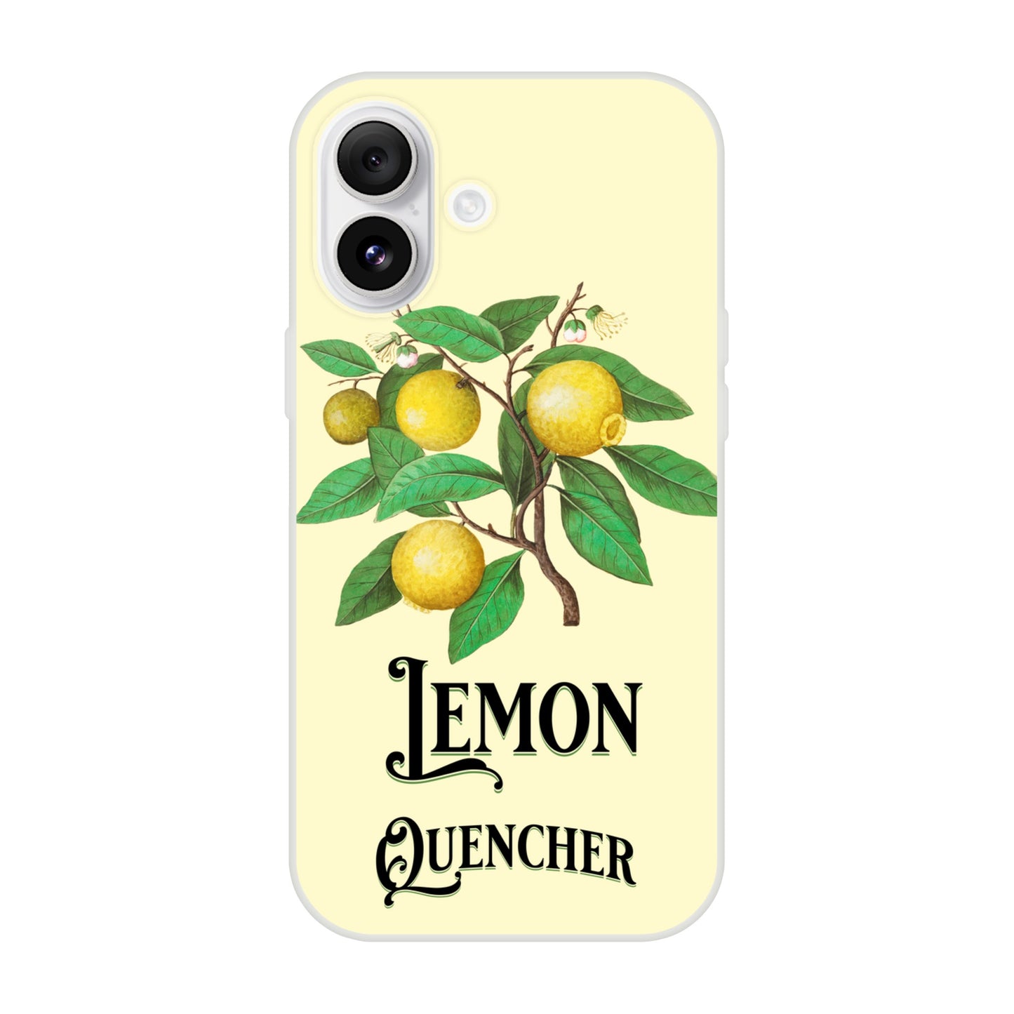 iPhone case with lemon design and 'Lemon Quencher' text on a yellow background 11