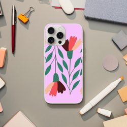 Cute floral iPhone 13-16 case in vintage aesthetic pink-purple with green leaves.