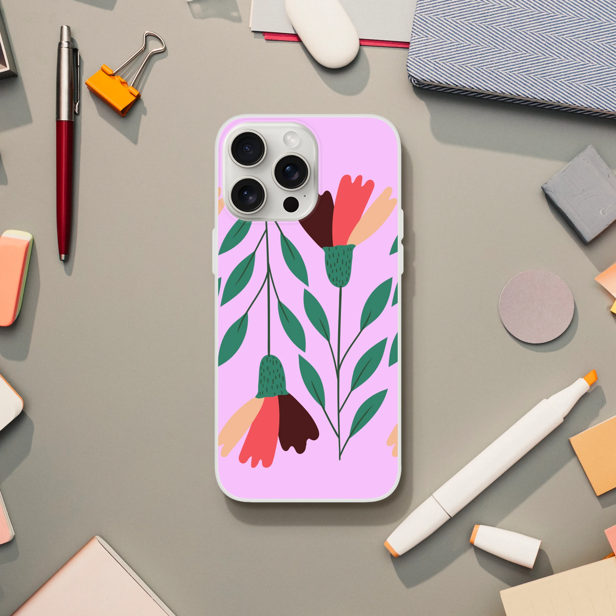 Cute floral iPhone 13-16 case in vintage aesthetic pink-purple with green leaves.