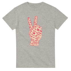 Grey women's T-shirt featuring a pink word-art peace sign hand graphic.
