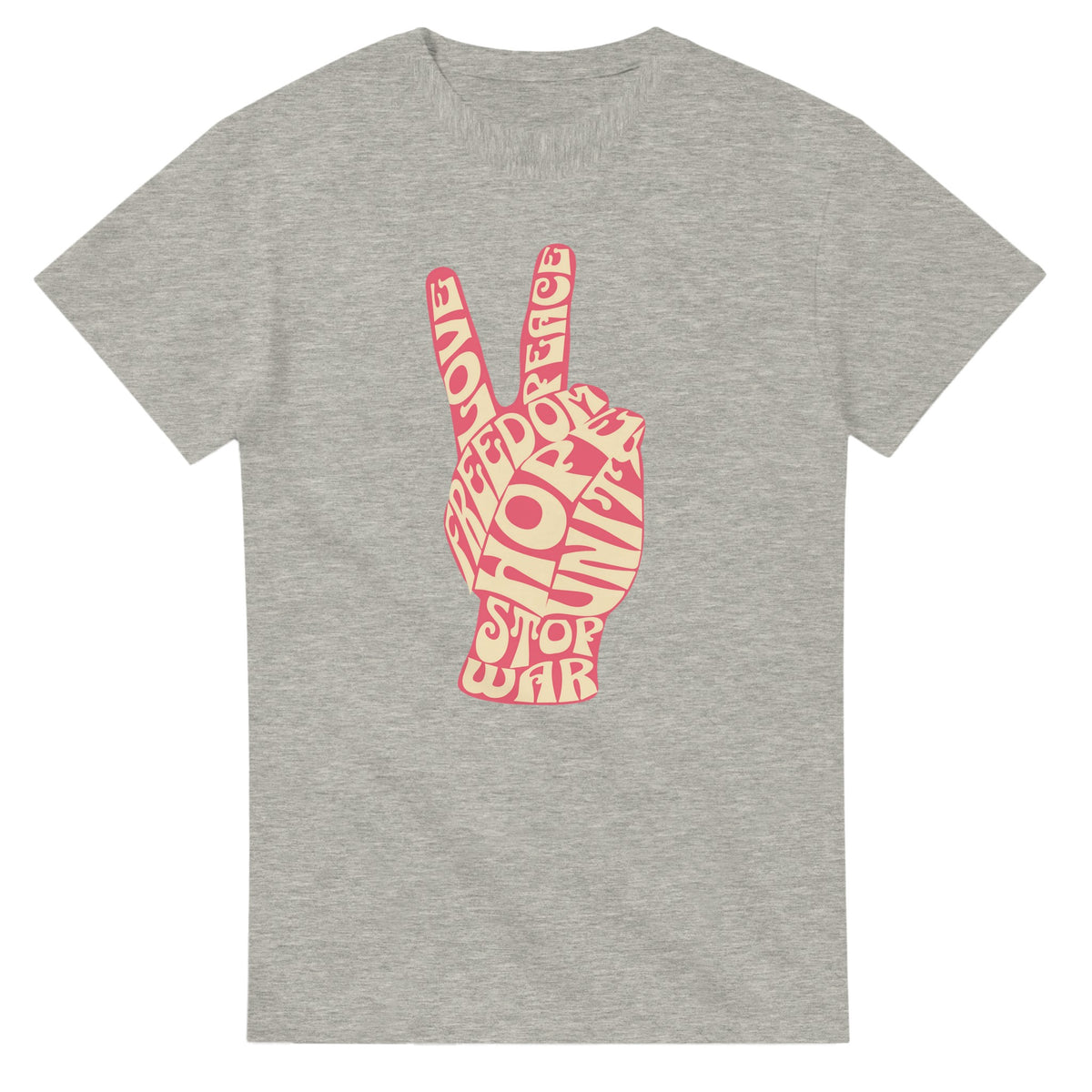 Grey women's T-shirt featuring a pink word-art peace sign hand graphic.