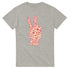 Grey women's T-shirt featuring a pink word-art peace sign hand graphic.