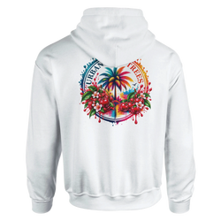 White hoodie featuring a colorful retro tropical back print with a palm tree, red cherries, and flowers.