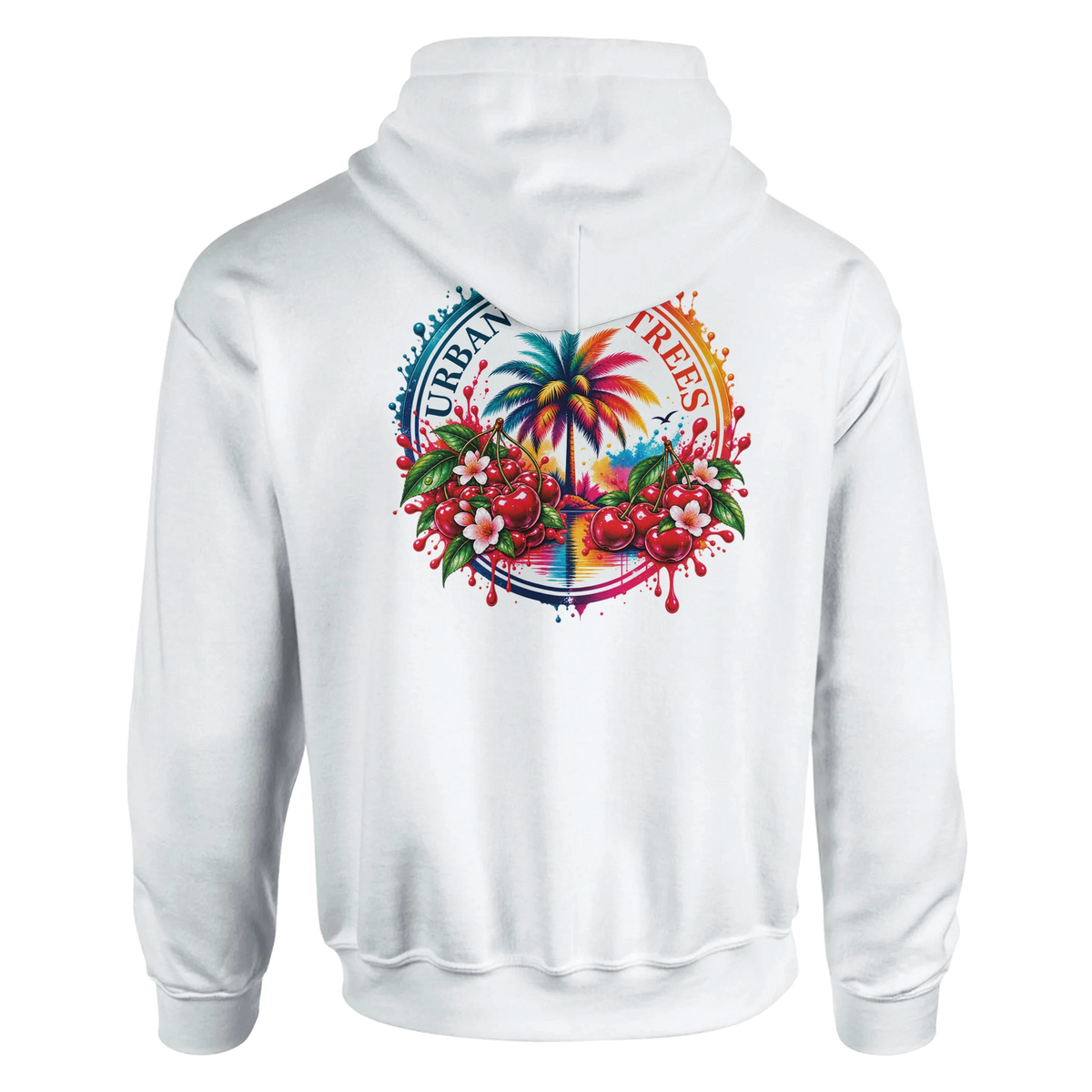White hoodie featuring a colorful retro tropical back print with a palm tree, red cherries, and flowers.