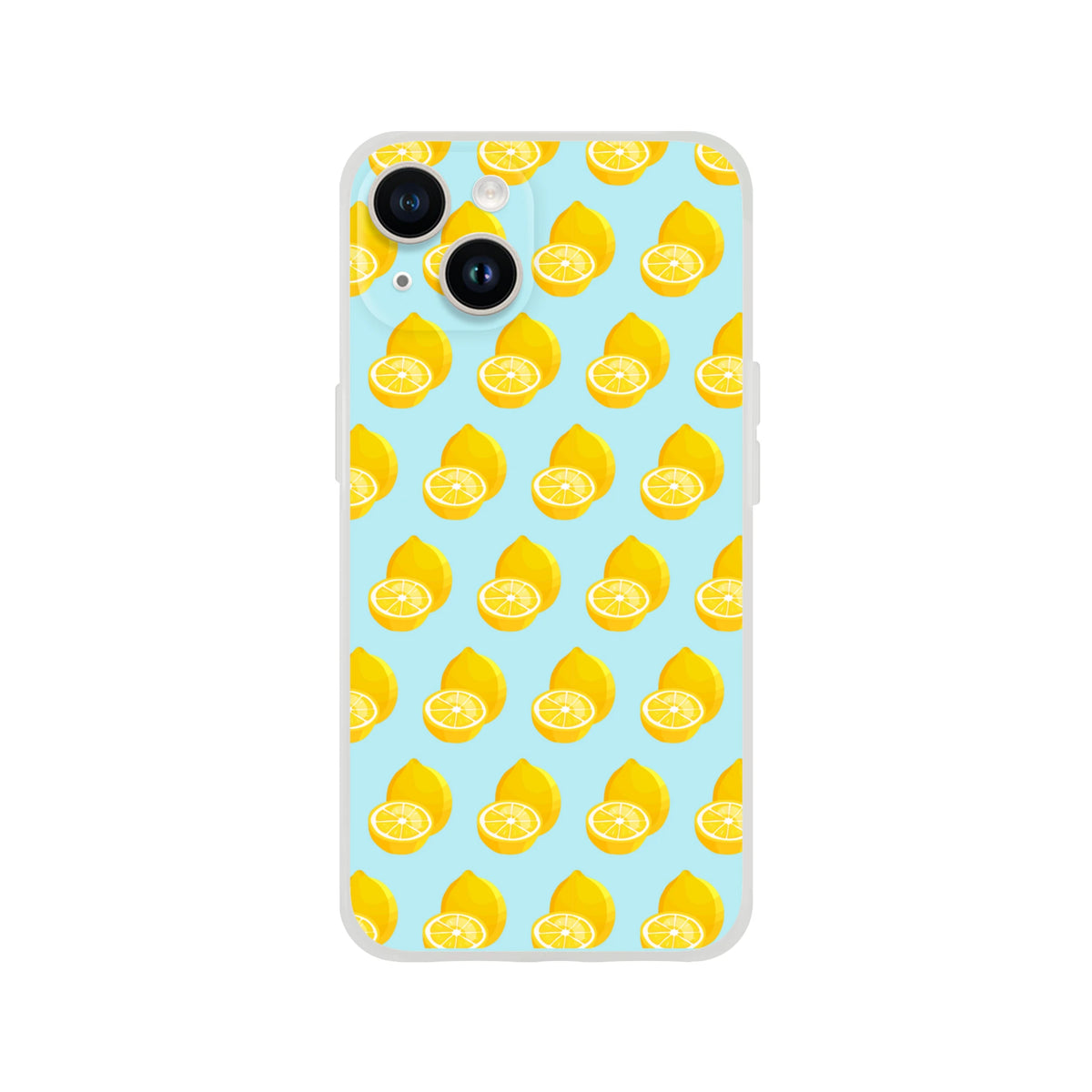 Pastel blue iPhone case featuring a repeating yellow lemon slice pattern, offering lightweight summer protection with shock-absorbing TPU.