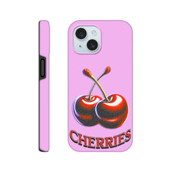 Pink tough iPhone case with retro Y2K cherry graphic and CHERRIES text for secure daily carry.