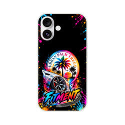 Fitment Stance iPhone case featuring lowered car, palm trees, sunset, and colorful paint splatters with urban automotive art design.
