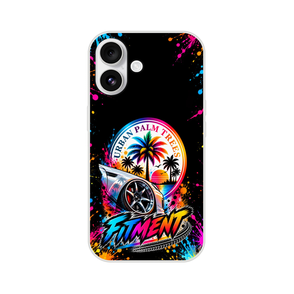Fitment Stance iPhone case featuring lowered car, palm trees, sunset, and colorful paint splatters with urban automotive art design.