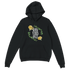 Black hoodie with a circular floral Good Vibes Only design, featuring yellow roses and green leaves, front pocket.