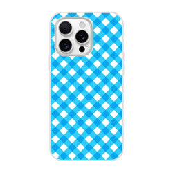 Blue gingham iPhone case (13-16) with a preppy checkered pattern and rounded edges.