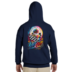 Navy petrohead hoodie featuring colorful "Flat Out" graphic with checkered flag, palm trees, and sunset. Modified car culture streetwear.