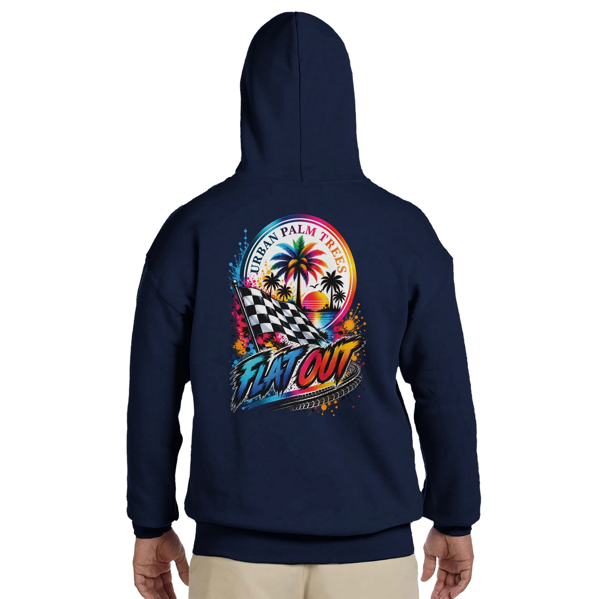 Navy petrohead hoodie featuring colorful "Flat Out" graphic with checkered flag, palm trees, and sunset. Modified car culture streetwear.