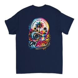 Navy t-shirt back featuring a vibrant On Boost graphic with a turbocharger, palm trees, and sunset art.