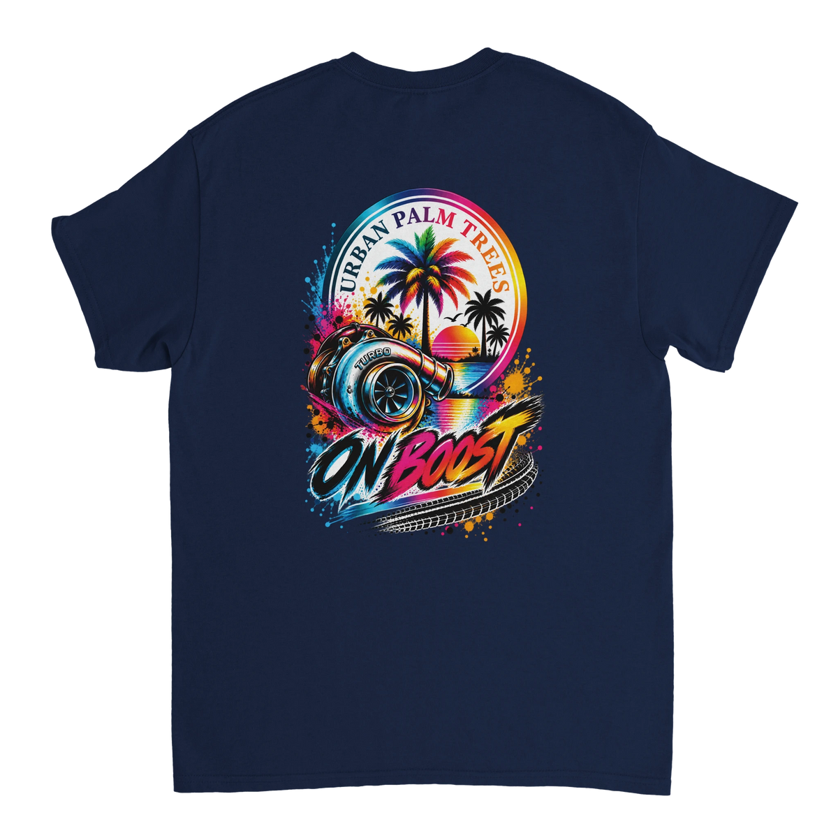Navy t-shirt back featuring a vibrant On Boost graphic with a turbocharger, palm trees, and sunset art.