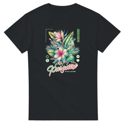 Paradise graphic tee featuring tropical hibiscus and palm leaves on a black soft cotton-blend shirt.