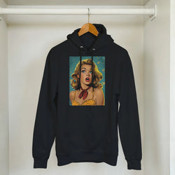 Black hoodie featuring a retro pin-up pop art woman graphic. Vintage streetwear pullover with bold comic-style blonde illustration.