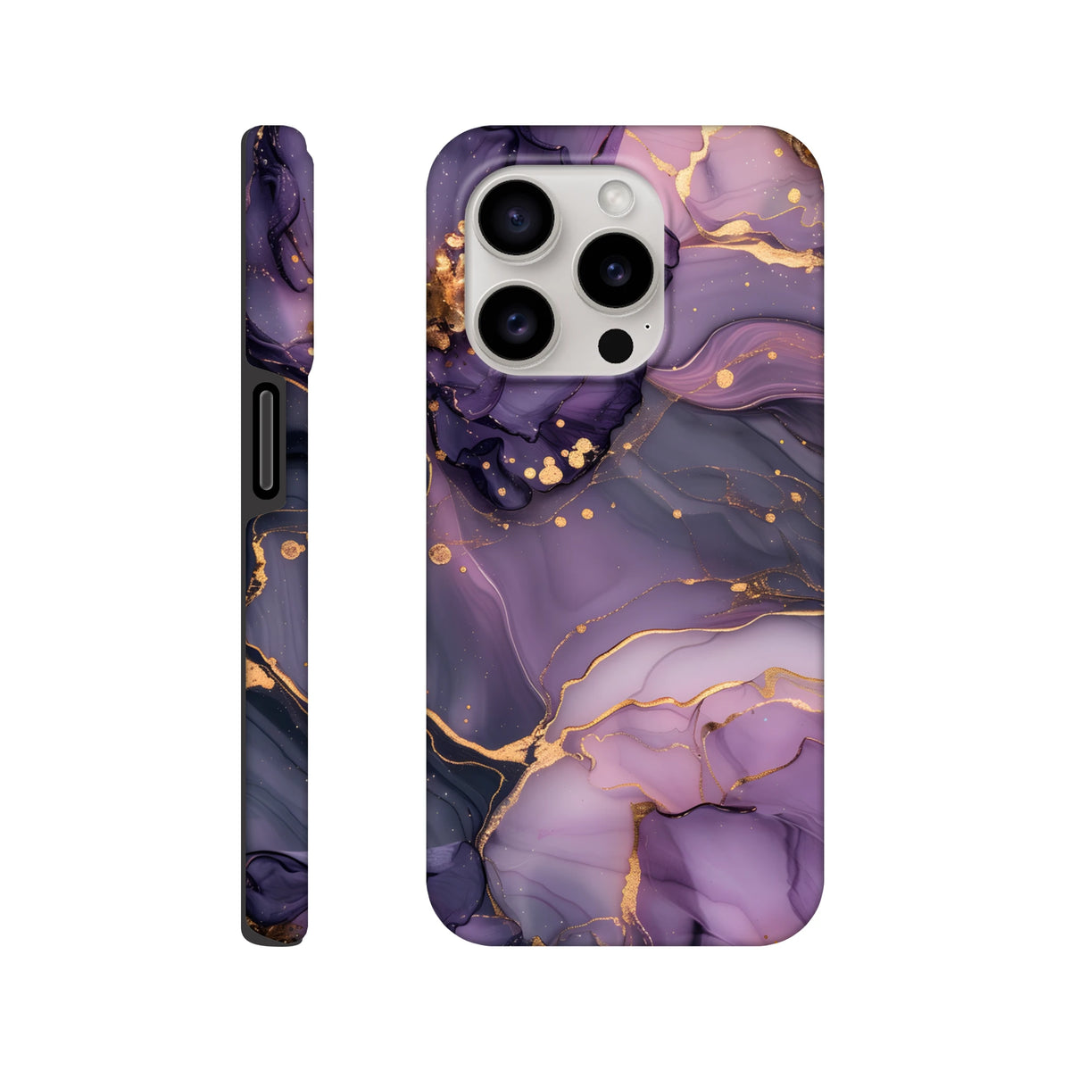 Purple and gold marble iPhone case featuring luxury abstract swirls and metallic gold veins for a bold streetwear aesthetic.