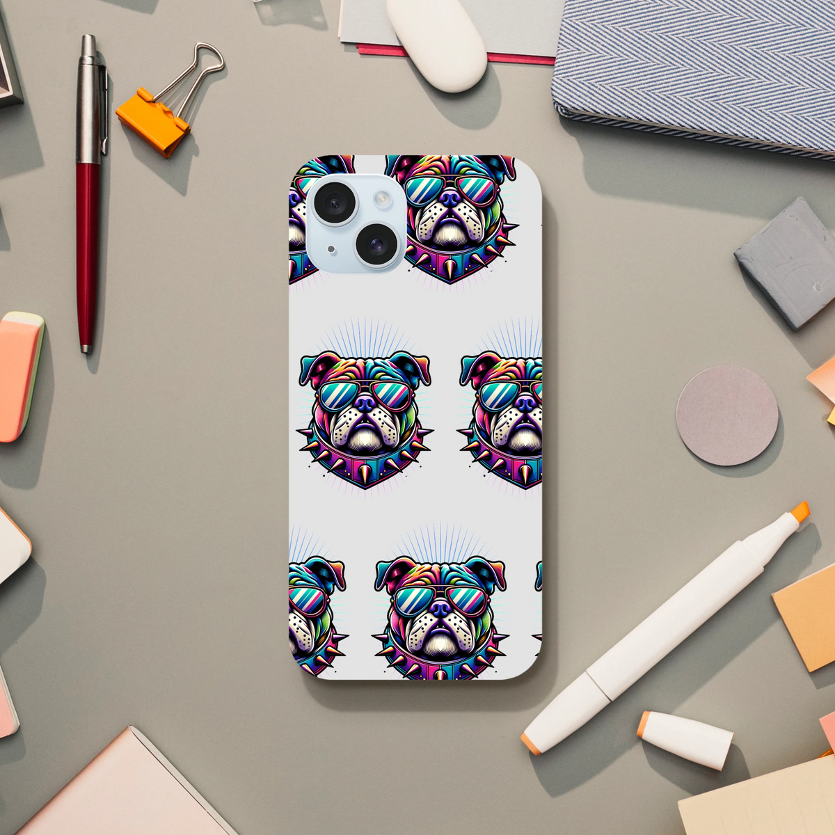 Bulldog pattern phone case with wraparound print on back and sides, dual-layer protective cover for iPhone 13–16.