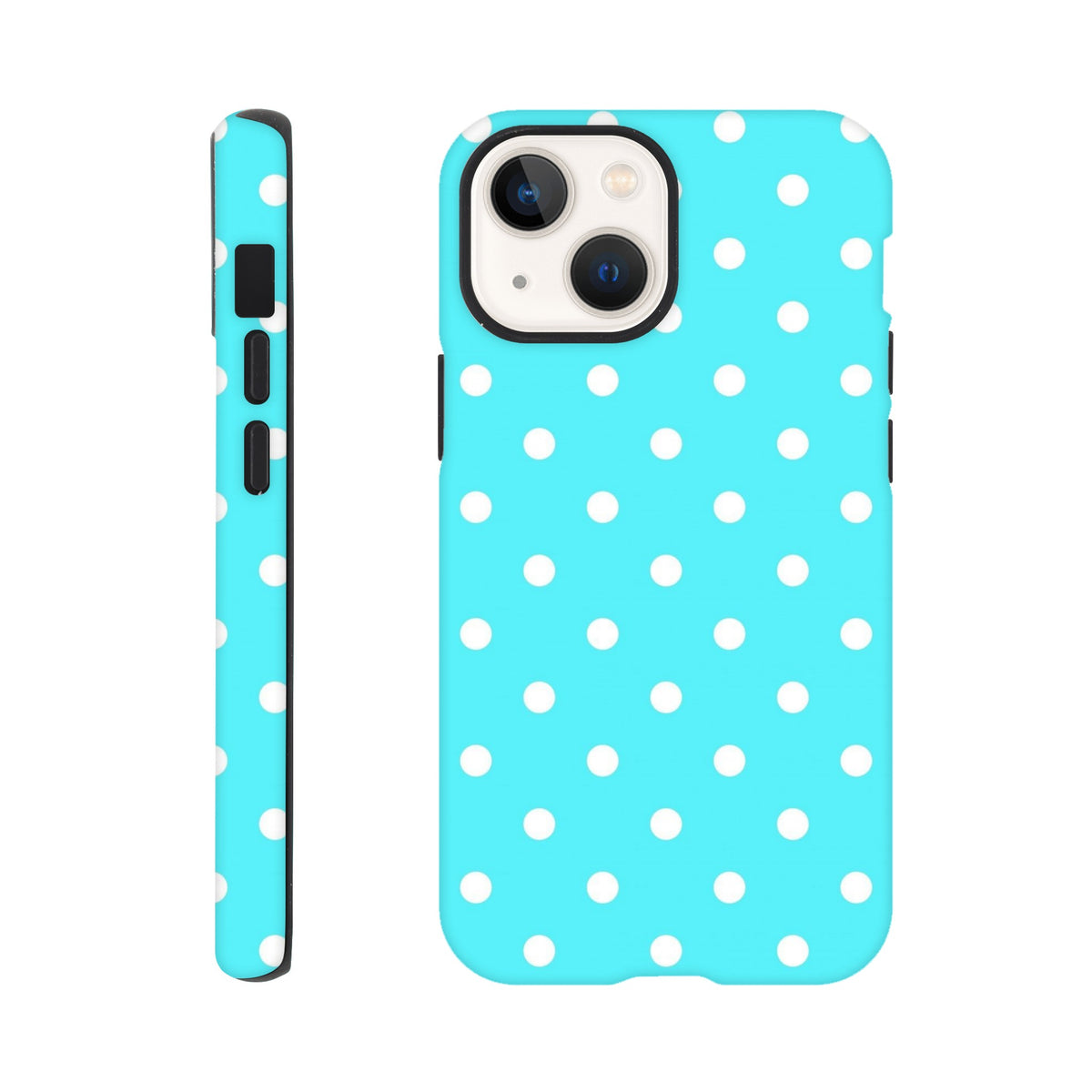 Turbquoise and white polka dot tough iPhone case with glossy finish and shock-absorbing TPU chassis for drop protection.