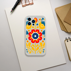 Floral slim protective case for iPhone 13–16 with frosty transparent finish and bold red, yellow, blue flowers.