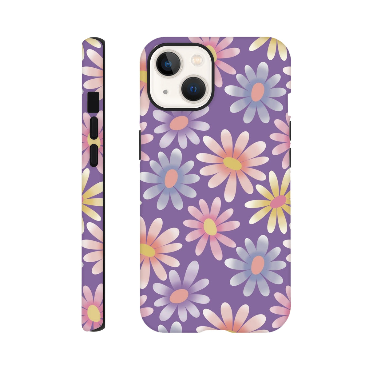 Purple iPhone case featuring a retro pastel daisy floral pattern. Shock-absorbing TPU cover compatible with iPhone 13-16 models.