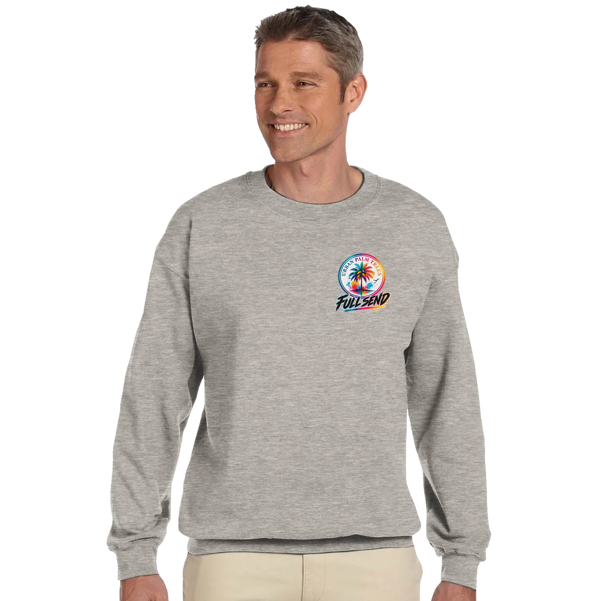 Grey petrolhead sweatshirt featuring Urban Palm Trees and Full Send graphic, representing modified car culture streetwear.