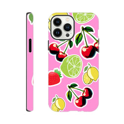 Pink tough iPhone case featuring cherry, lime, lemon, and strawberry sticker art for shock absorption and streetwear style.