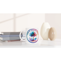 Urban Palm Trees mug with vibrant palm-tree artwork, Y2K aesthetic ceramic coffee cup.