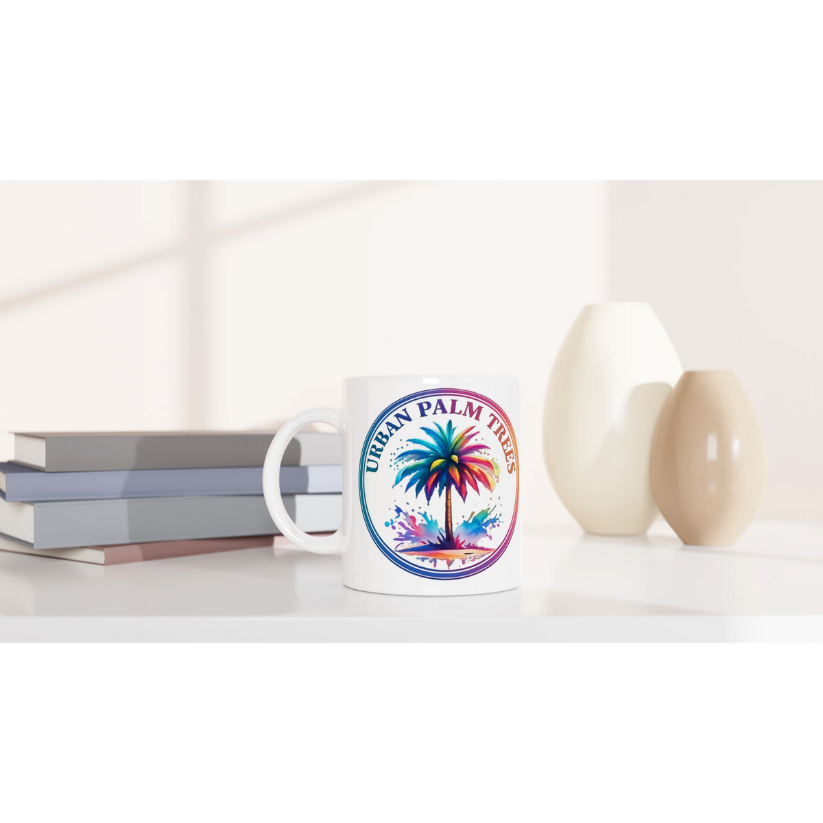 Urban Palm Trees mug with vibrant palm-tree artwork, Y2K aesthetic ceramic coffee cup.