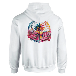 White hoodie back featuring retro tropical graphic with pink cowboy boots, hat, palm tree, and disco ball.