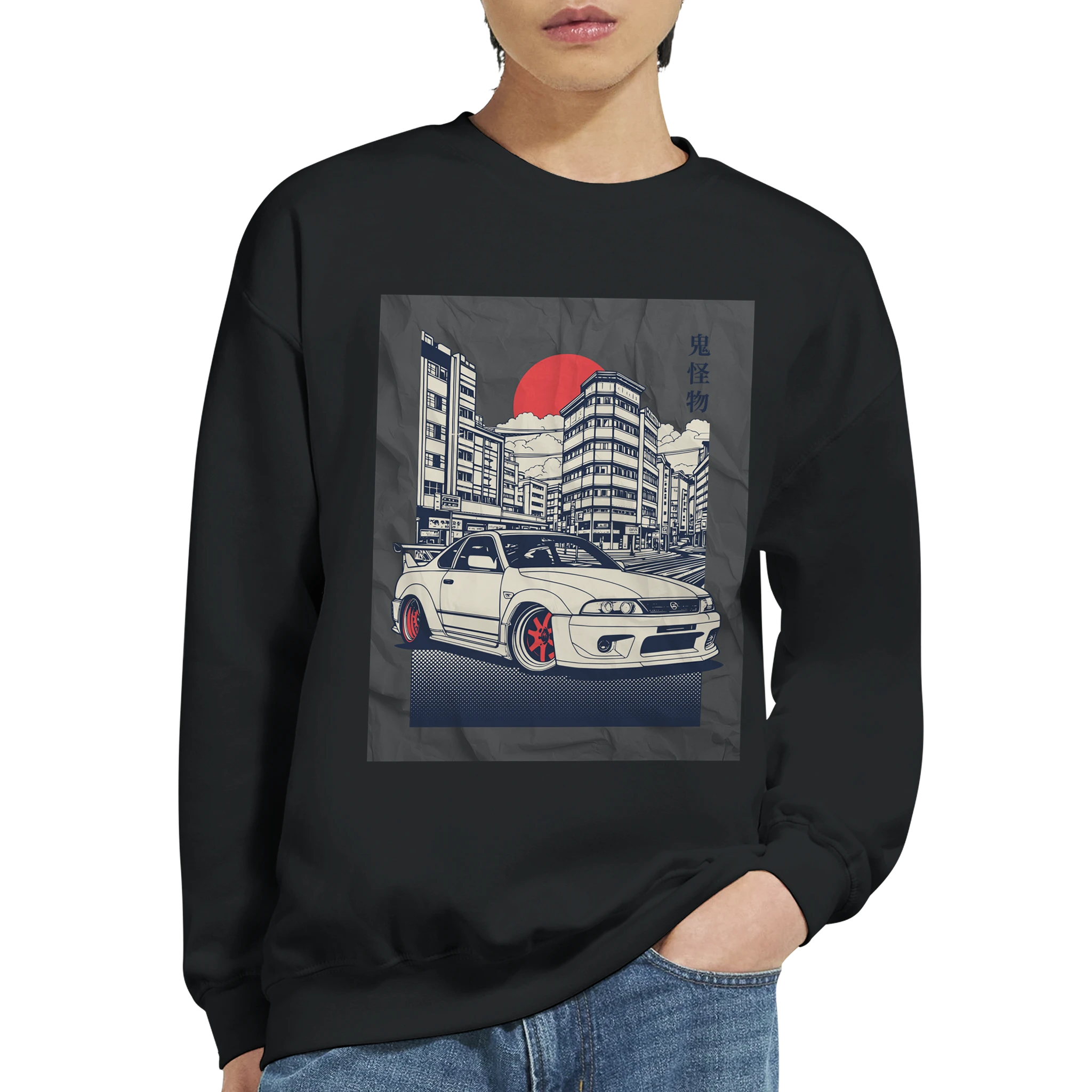 Car Jumper JDM Sweatshirt black crewneck with white sports car graphic in urban Japanese city under a red sun.