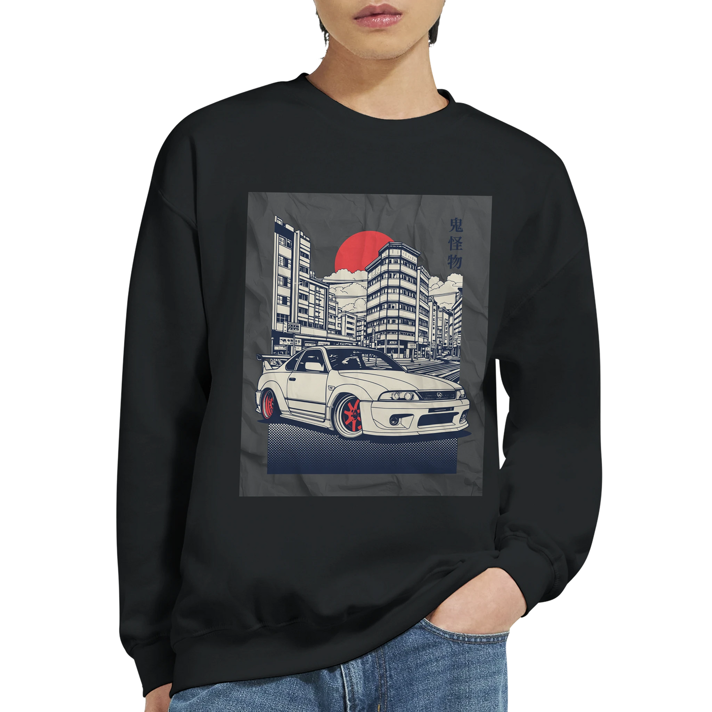 Car Jumper JDM Sweatshirt black crewneck with white sports car graphic in urban Japanese city under a red sun.