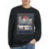 Car Jumper JDM Sweatshirt black crewneck with white sports car graphic in urban Japanese city under a red sun.