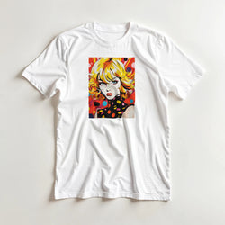70s Pop Art Girl T-Shirt for men featuring retro psychedelic graphic with colorful polka dots and blonde illustration.
