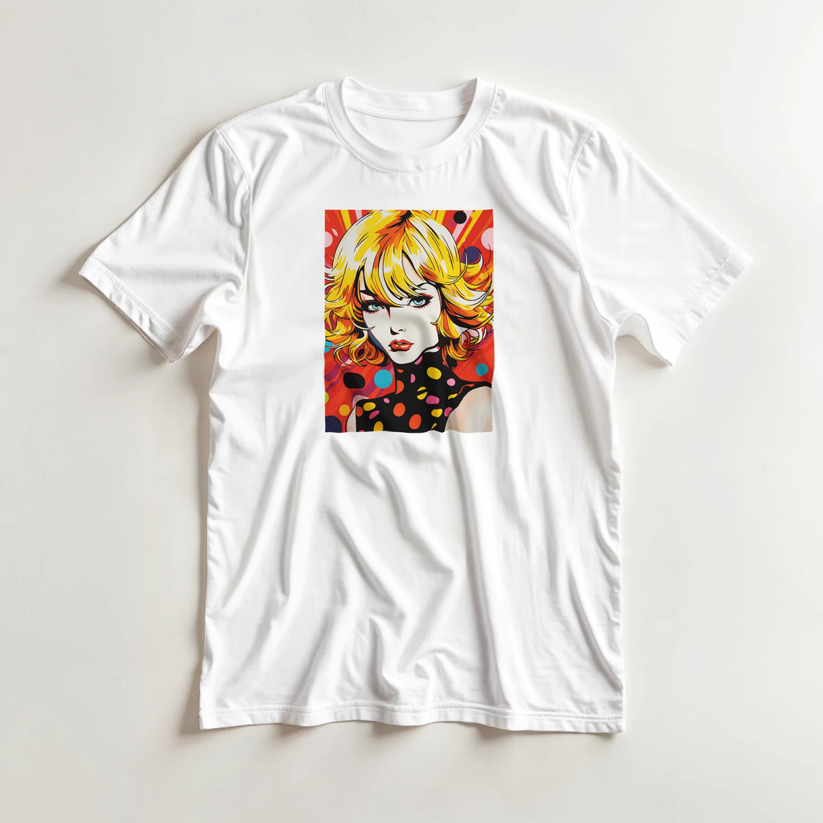 70s Pop Art Girl T-Shirt for men featuring retro psychedelic graphic with colorful polka dots and blonde illustration.