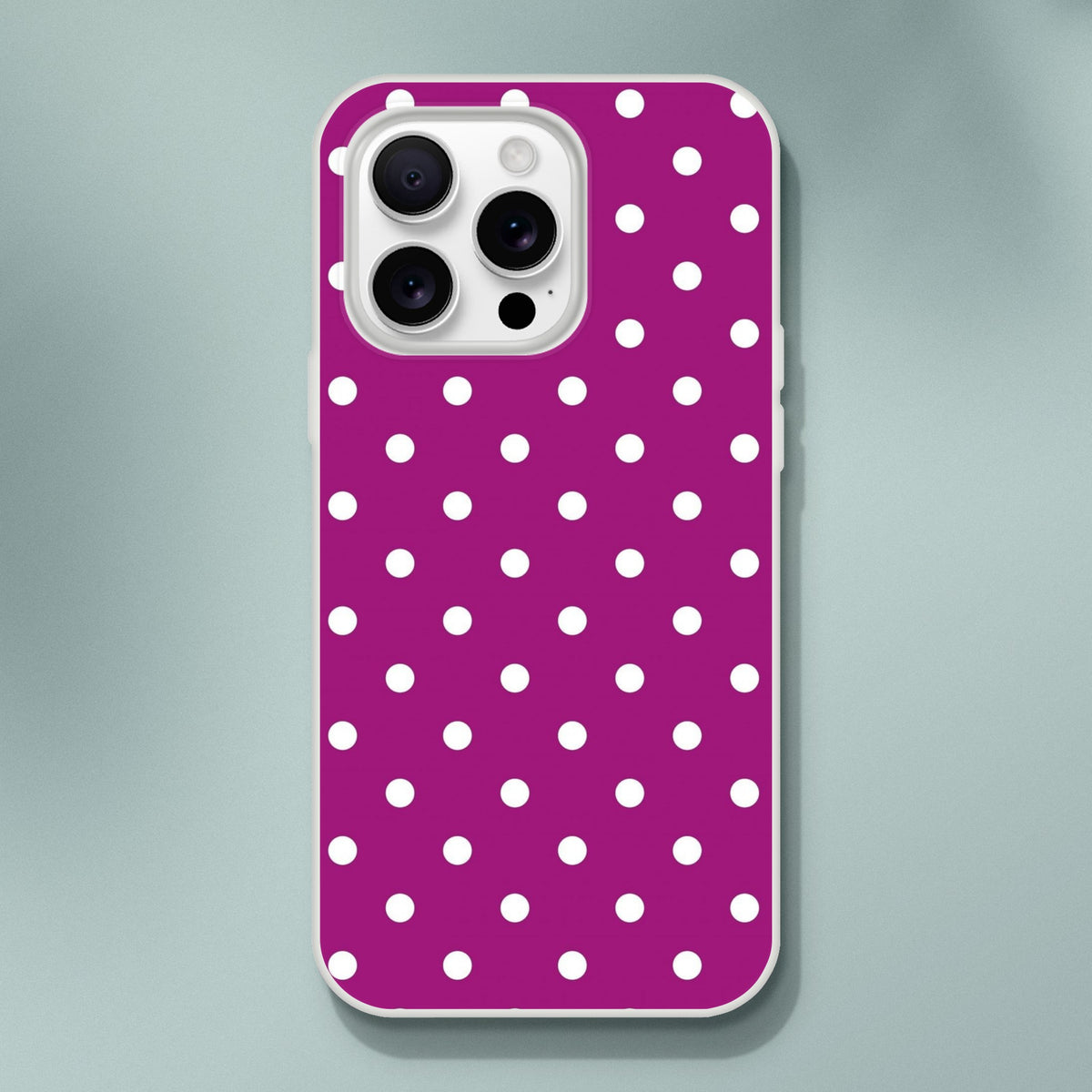 Purple and white polka dot retro iPhone case with matte finish and shock-absorbing TPU protection for iPhone 13-16.