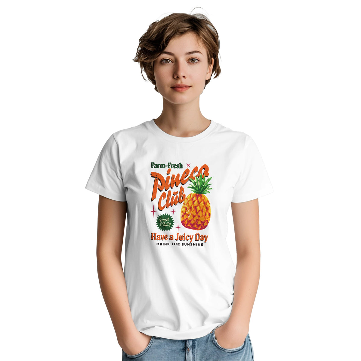 White women's pineapple graphic T-shirt with a colorful pineapple illustration on a model.