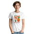White women's pineapple graphic T-shirt with a colorful pineapple illustration on a model.